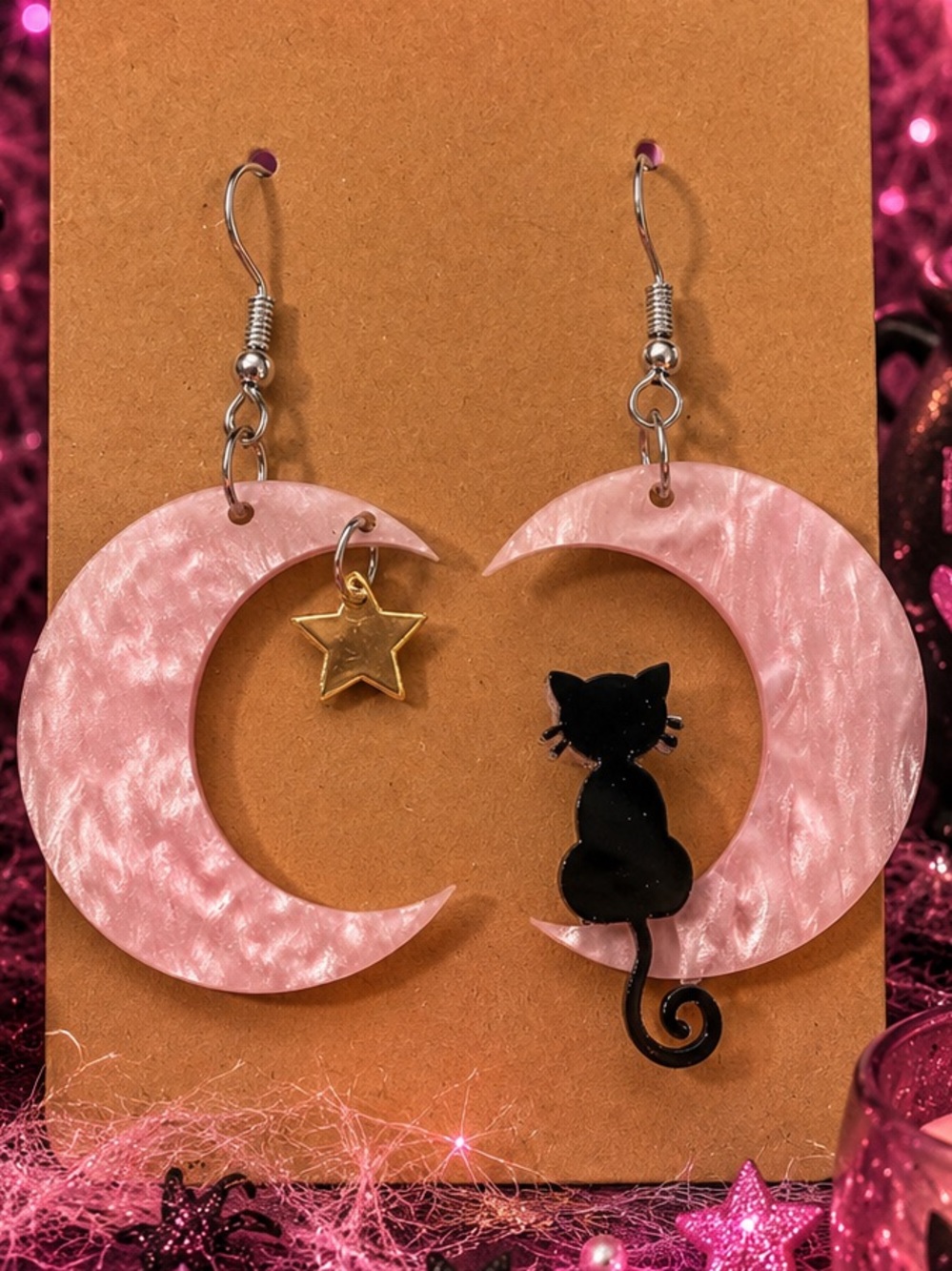 Pink Crescent Moon Cat Dangle Earrings - Witchy Cute Style - Picture 2 of 2